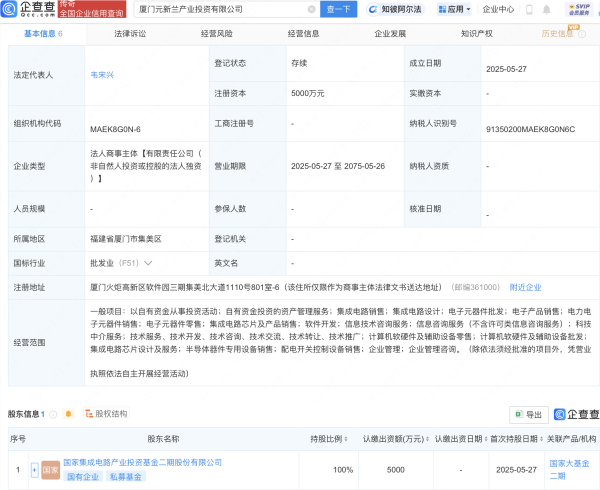 龙坤投资  国家大基金二期在厦门成立产投新公司